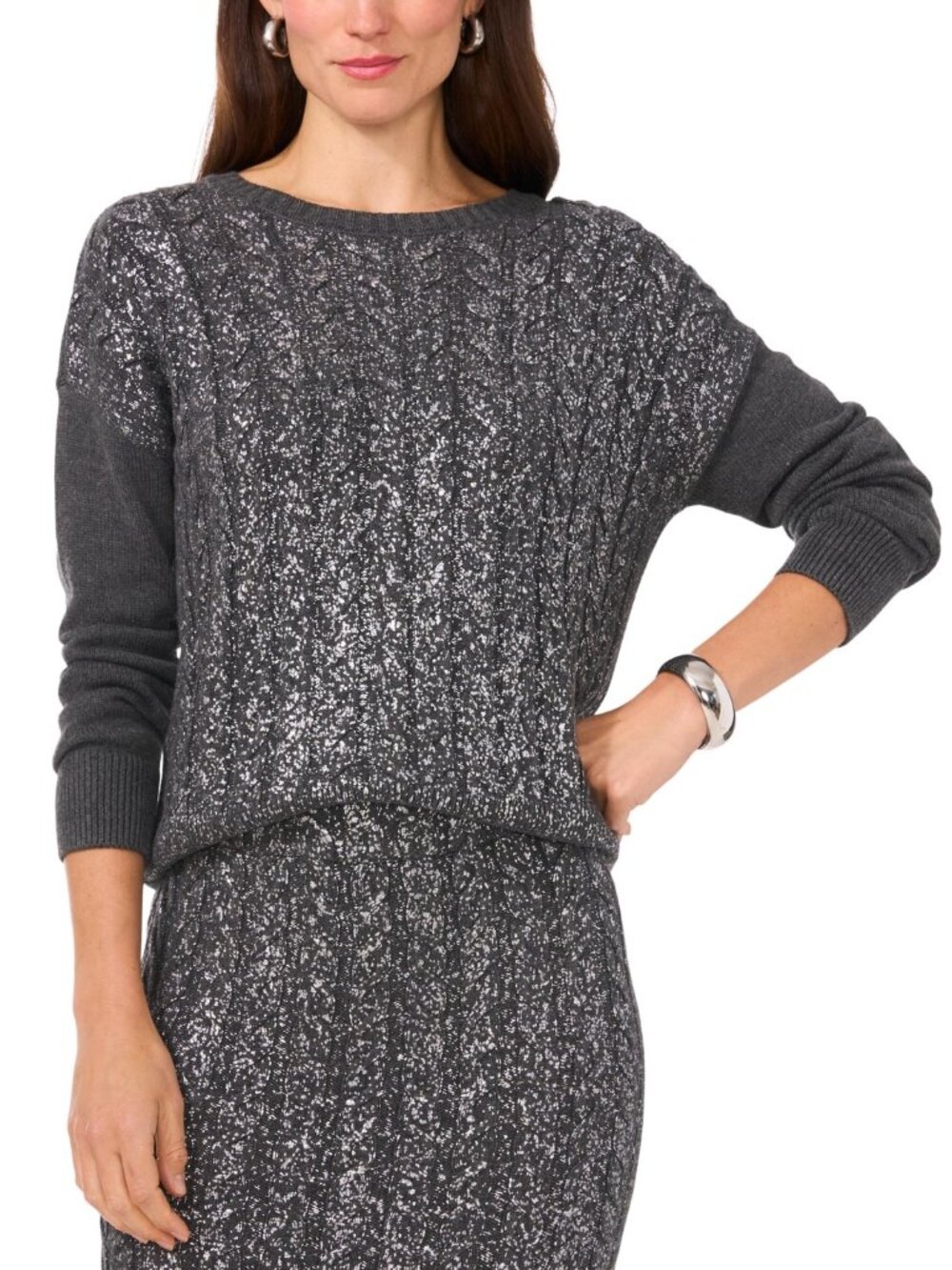Vince Camuto Women's Cable-Knit Shine Crewneck Sweater